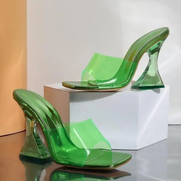 MODA ME COUTURE Shoes - GREEN Clear Strap open toe Sculptural acrylic heels